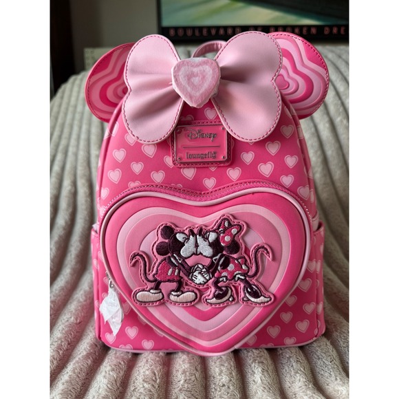 Loungefly Handbags - Disney Loungefly Mickey Minnie Mouse Love Story‎ Pink Heart Mini Backpack NWT